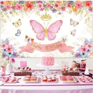 Butterfly Theme Party Decorations, Butterfly Birthday Decorations with Pink Purple Balloon Arch Kit Butterfly Photography Backdrop Banner and Tablecloth for Girls Women Birthday Party Decor