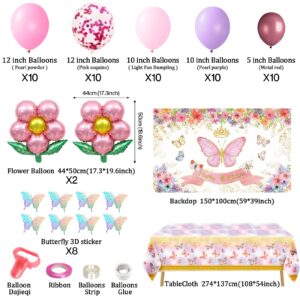 Butterfly Theme Party Decorations, Butterfly Birthday Decorations with Pink Purple Balloon Arch Kit Butterfly Photography Backdrop Banner and Tablecloth for Girls Women Birthday Party Decor