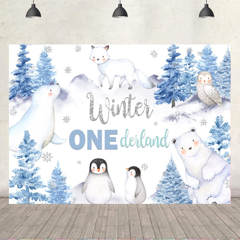 Ticuenicoa Winter Onederland Backdrop for Boys First Birthday Sliver Snowflake Blue Arctic Animals Wonderland 1st Birthday Party Decorations Photography Background for Photoshoot 5x3ft