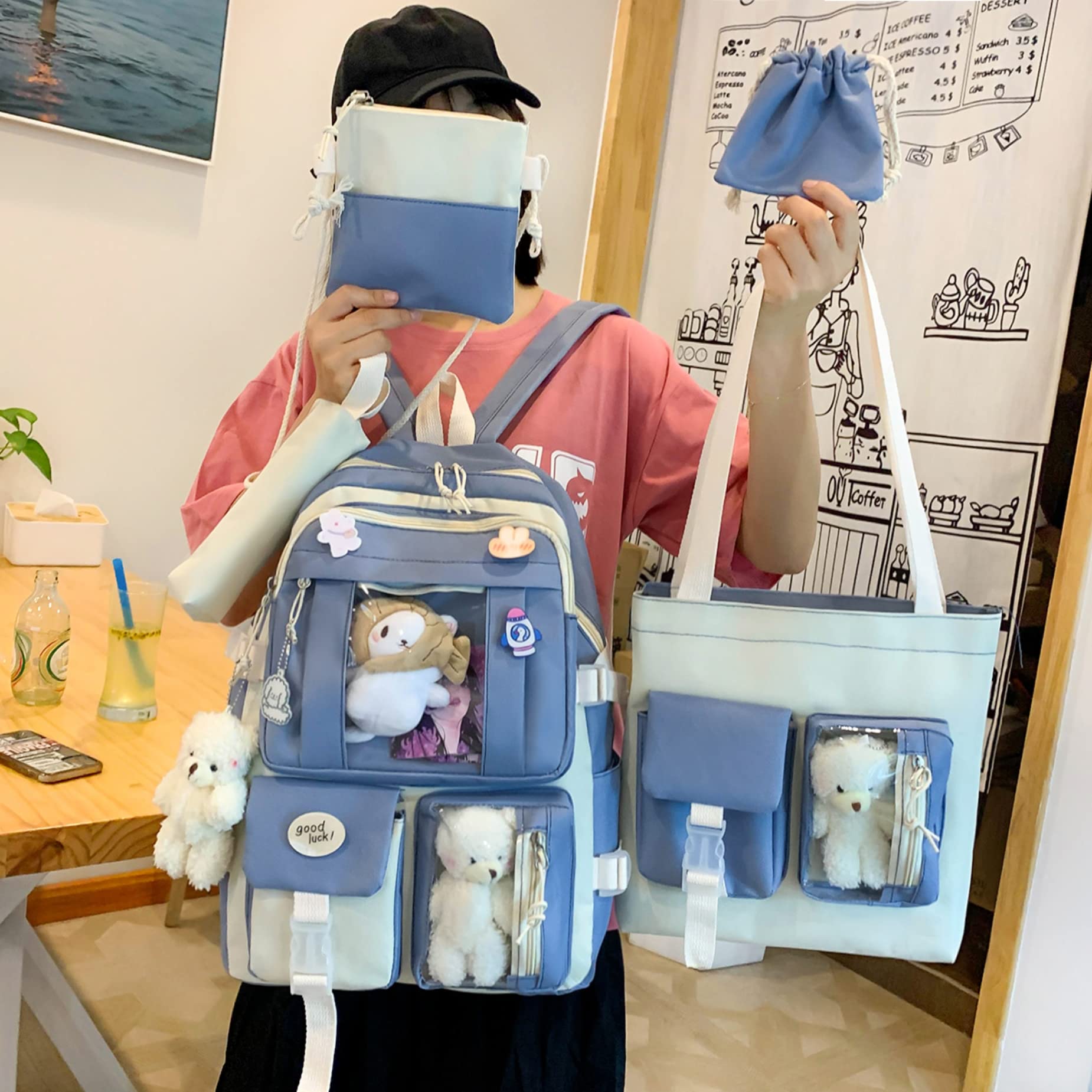 LIK EPOCH Kawaii Backpack 5Pcs Set Aesthetic Backpack 17in Preppy Backpacks with Badge&Pendant,Shoulder Bag,Pencil Box,Tote Bag,Lucky Bag(Blue)