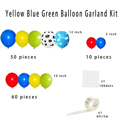 Royal Blue, Yellow, Lime Green, Red Balloons Set - 122PCS White Cow Print Balloon Blue Yellow Green Balloon Arch Rainbow Balloons for Cow Toys Boys Story theme Birthday Baby Shower Graduation Party