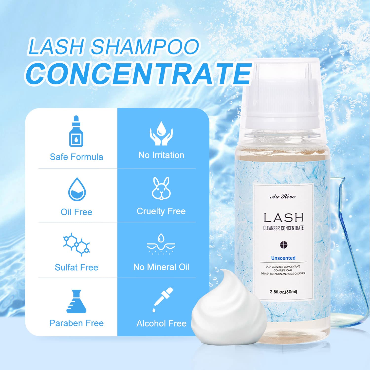 AuReve Lash Shampoo for Lash Extensions Eyelash Cleanser Concentrate 80ml Lash Extension Cleaner, Non-lrritating Cleaning Kits, Lash Bath Lash Soap Lash Shampoo Kit (Unscented)