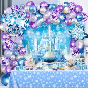 ice themed party decorations, snow birthday decorations with blue purple balloon arch kit ice snow castle photography backdrop banner and snowflake tablecloth for girl women party decor