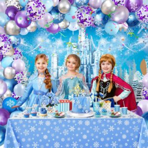 Ice Themed Party Decorations, Snow Birthday Decorations with Blue Purple Balloon Arch Kit Ice Snow Castle Photography Backdrop Banner and Snowflake Tablecloth for Girl Women Party Decor