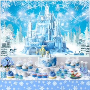Ice Themed Party Decorations, Snow Birthday Decorations with Blue Purple Balloon Arch Kit Ice Snow Castle Photography Backdrop Banner and Snowflake Tablecloth for Girl Women Party Decor