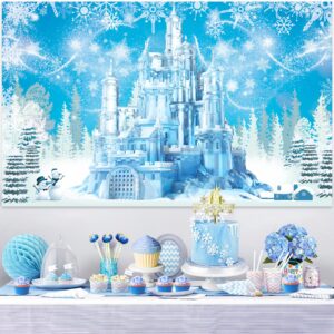 Ice Themed Party Decorations, Snow Birthday Decorations with Blue Purple Balloon Arch Kit Ice Snow Castle Photography Backdrop Banner and Snowflake Tablecloth for Girl Women Party Decor