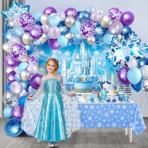 Ice Themed Party Decorations, Snow Birthday Decorations with Blue Purple Balloon Arch Kit Ice Snow Castle Photography Backdrop Banner and Snowflake Tablecloth for Girl Women Party Decor