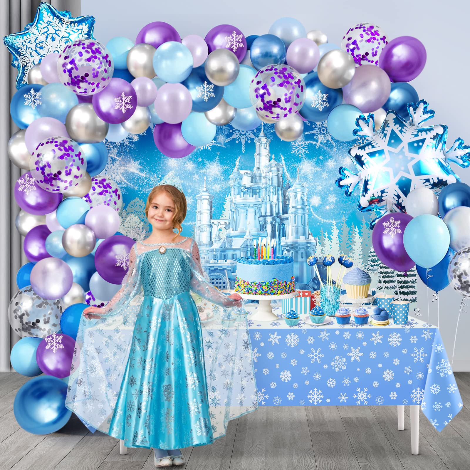 Ice Themed Party Decorations, Snow Birthday Decorations with Blue Purple Balloon Arch Kit Ice Snow Castle Photography Backdrop Banner and Snowflake Tablecloth for Girl Women Party Decor