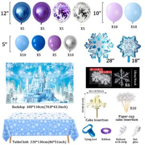 Ice Themed Party Decorations, Snow Birthday Decorations with Blue Purple Balloon Arch Kit Ice Snow Castle Photography Backdrop Banner and Snowflake Tablecloth for Girl Women Party Decor