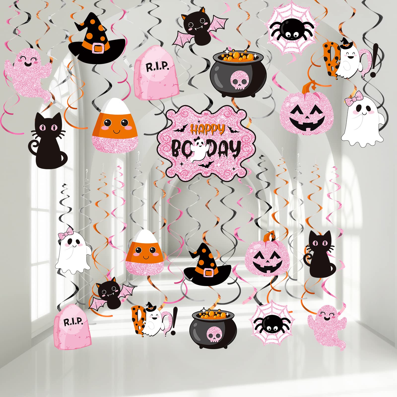 Halloween Hanging Swirl Decorations Happy Boo Day Party Witch Pumpkin Ghost Cutout Halloween Decors for Kids School Room Office Halloween Supplies (Happy Booday)