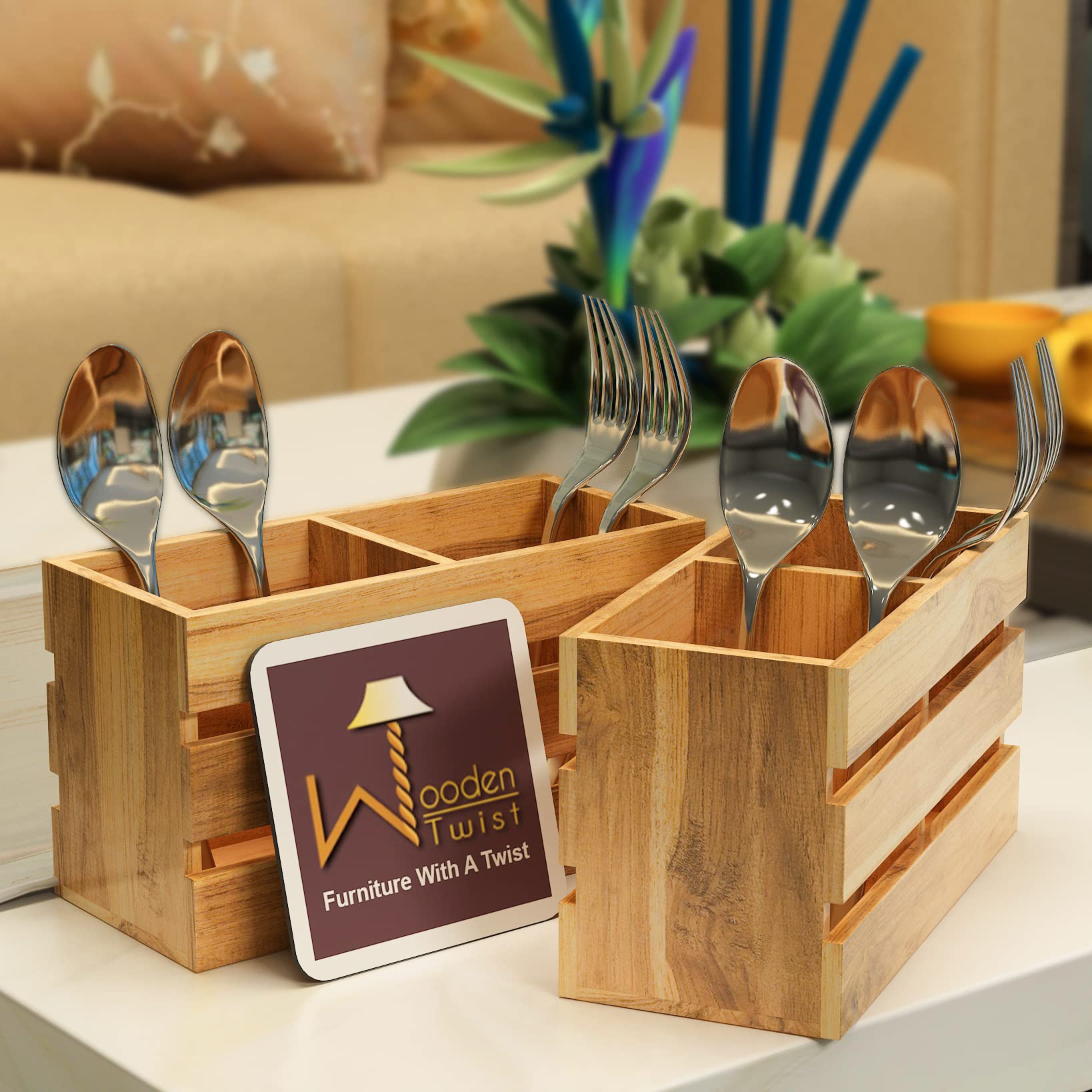 Wooden Twist Neos Teak Wood Cutlery and Tissue Holder (Color-2)