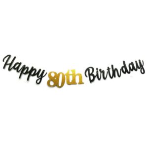 black happy 80th birthday banner sign gold glitter 80 years birthday party decorations supplies anniversary celebration backdrop pre-assembled (black)