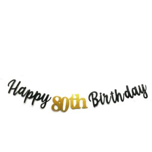 Black Happy 80th Birthday Banner Sign Gold Glitter 80 Years Birthday Party Decorations Supplies Anniversary Celebration Backdrop Pre-Assembled (Black)