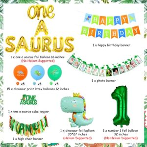 Sursurprise One a Saurus Birthday Decorations, Dinosaur 1st Happy Birthday Party Supplies with Balloons Highchair Banner and Baby Photo Banner, T-Rex Roar Party Decor for Boy One Year Old