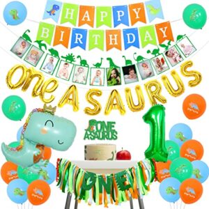 sursurprise one a saurus birthday decorations, dinosaur 1st happy birthday party supplies with balloons highchair banner and baby photo banner, t-rex roar party decor for boy one year old