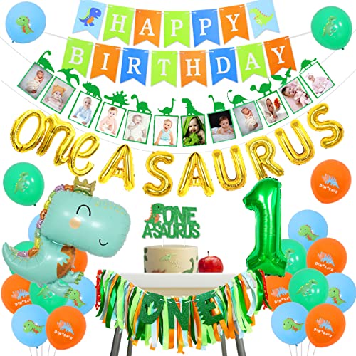 Sursurprise One a Saurus Birthday Decorations, Dinosaur 1st Happy Birthday Party Supplies with Balloons Highchair Banner and Baby Photo Banner, T-Rex Roar Party Decor for Boy One Year Old