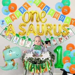 Sursurprise One a Saurus Birthday Decorations, Dinosaur 1st Happy Birthday Party Supplies with Balloons Highchair Banner and Baby Photo Banner, T-Rex Roar Party Decor for Boy One Year Old