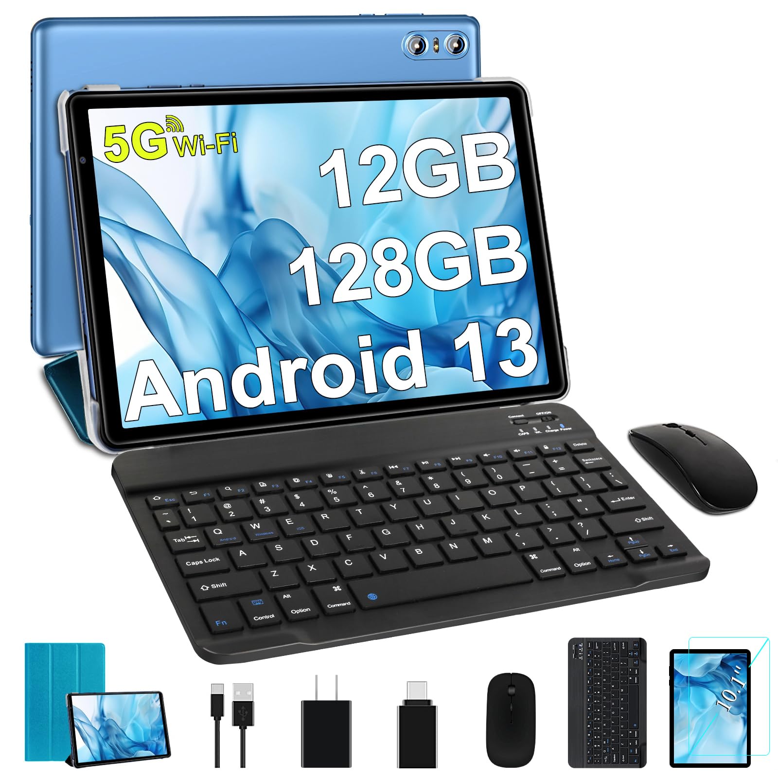 SEBBE Tablet 10 Inch Android 13 Tablet PC 12GB RAM + 128GB ROM TF 1TB Octa-Core 2.0 GHz, Bluetooth 5.0 | 5G WiFi | 6000mAh | 1280 * 800 | 5MP+8MP, Tablet with Keyboard and Mouse Blue