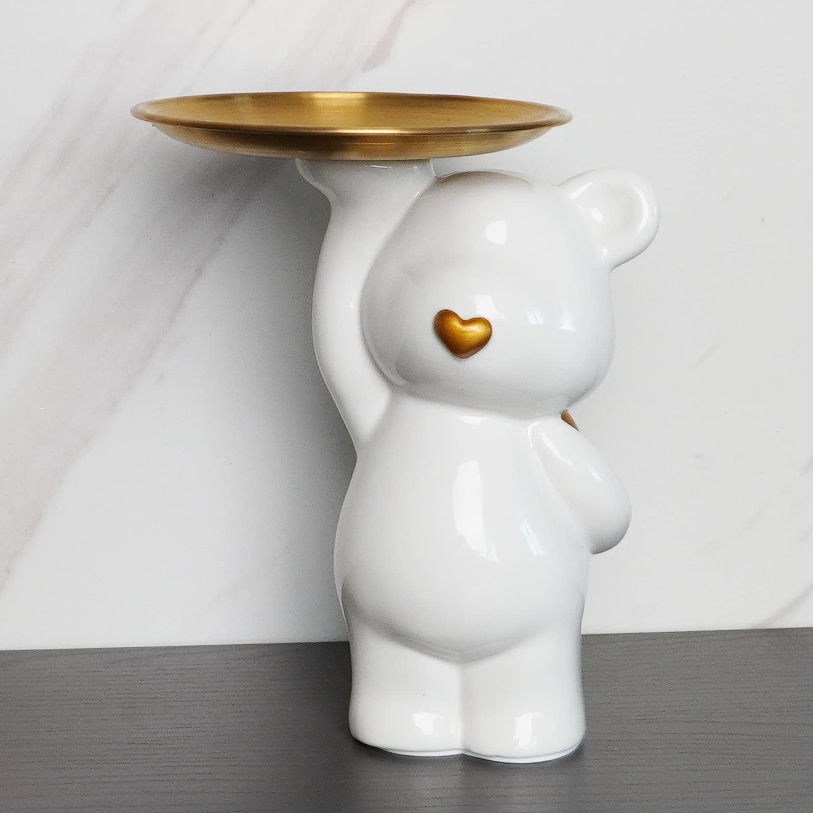 OILISI Jewelry Tray,Ceramic Bear Statues with Gold Dish for Ring Earring Holder,Decorative Tray for Table Bathroom Living Room Entry-way Decoration,Fit for Candy Key Necklaces Lipstick Holder