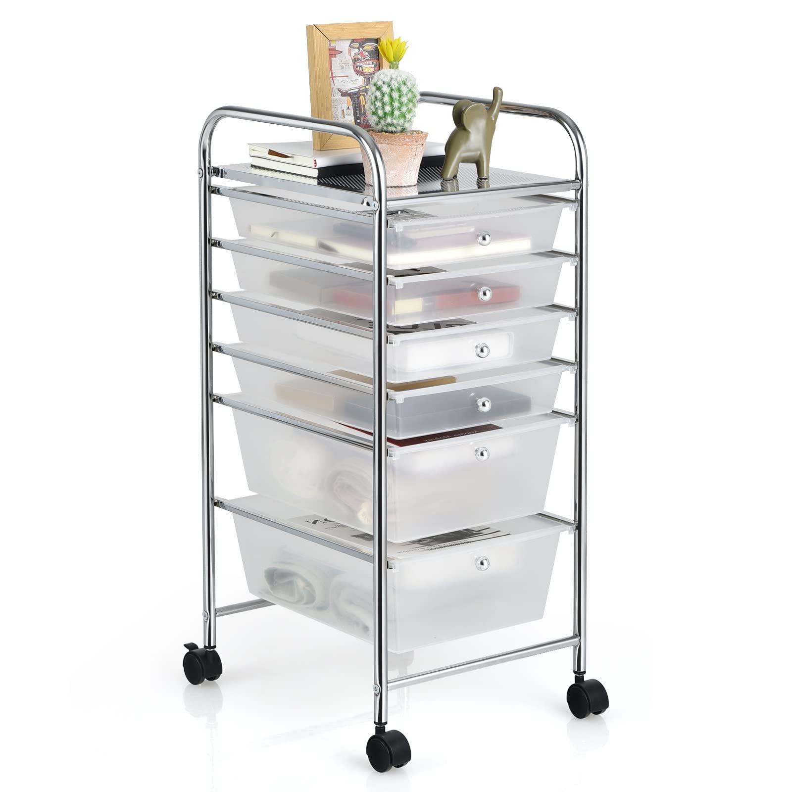 RELAX4LIFE Storage Drawers Cart Classroom Organization 6 Plastic Drawers - Rolling Carts on Wheels Semi-Transparent Utility Cart for School Files Arrangement Storage Organizer Cart (Clear)