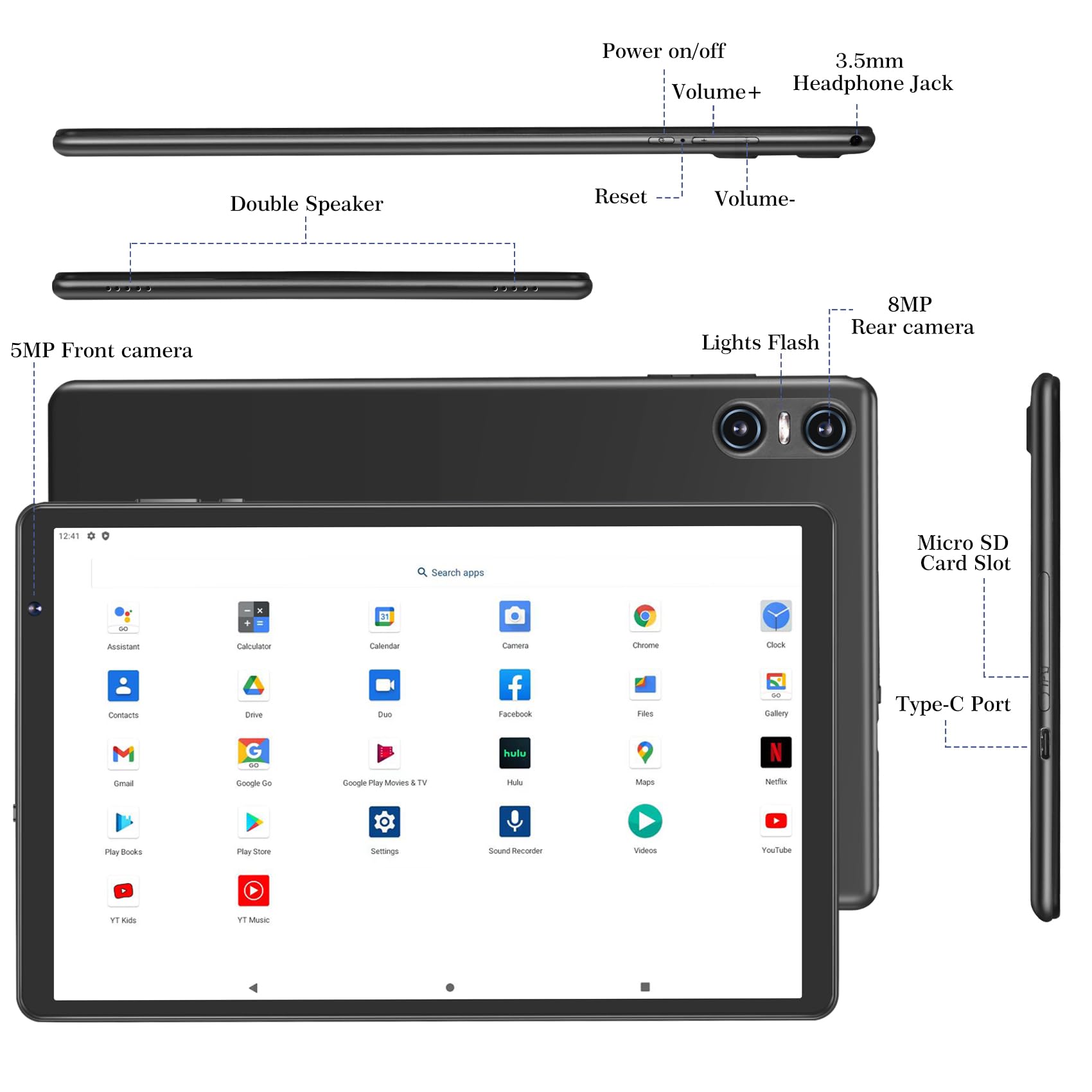 SEBBE Android 11 Tablet, 2023 2 in 1 Tablets, 10.36 Inch HD Display, 2.0 GHz, Octa-Core, 4GB RAM+64GB ROM(Up to 256G), 8000 mAh Battery, 5G+2.4G WiFi Tableta with Keyboard - Gray