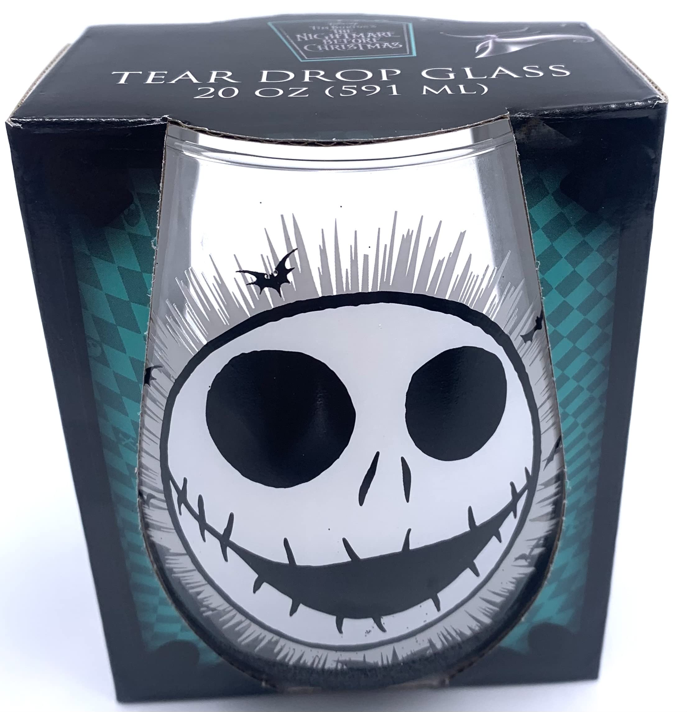 Disney Tim Burton’s The Nightmare Before Christmas Jack Skellington Face 20 Ounce Stemless Wine Glass with Glitter Base - Official Kitchen Collectible Novelty Drinkware Gifts