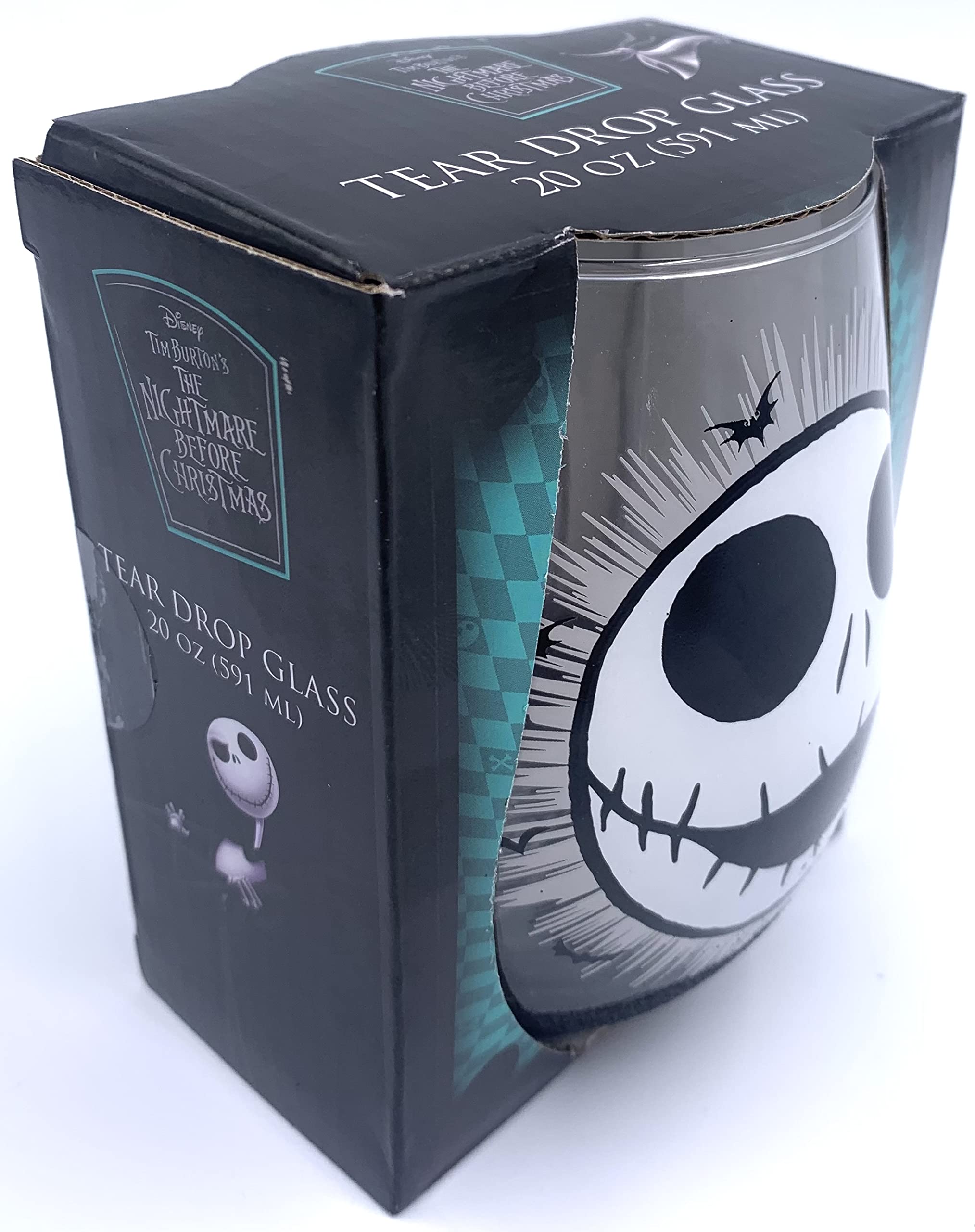 Disney Tim Burton’s The Nightmare Before Christmas Jack Skellington Face 20 Ounce Stemless Wine Glass with Glitter Base - Official Kitchen Collectible Novelty Drinkware Gifts