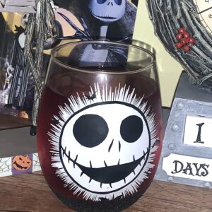 Disney Tim Burton’s The Nightmare Before Christmas Jack Skellington Face 20 Ounce Stemless Wine Glass with Glitter Base - Official Kitchen Collectible Novelty Drinkware Gifts