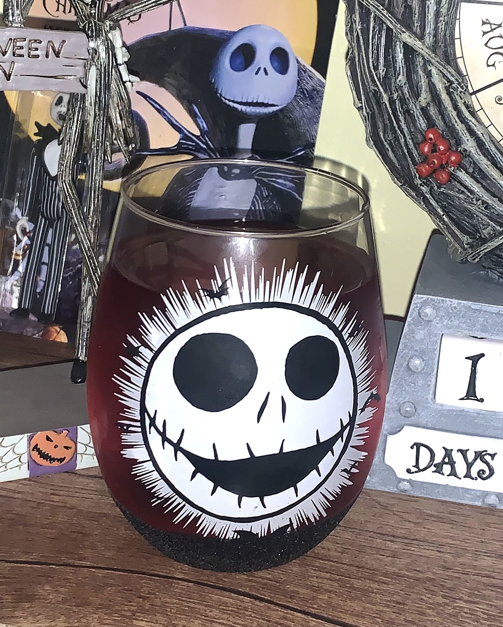 Disney Tim Burton’s The Nightmare Before Christmas Jack Skellington Face 20 Ounce Stemless Wine Glass with Glitter Base - Official Kitchen Collectible Novelty Drinkware Gifts