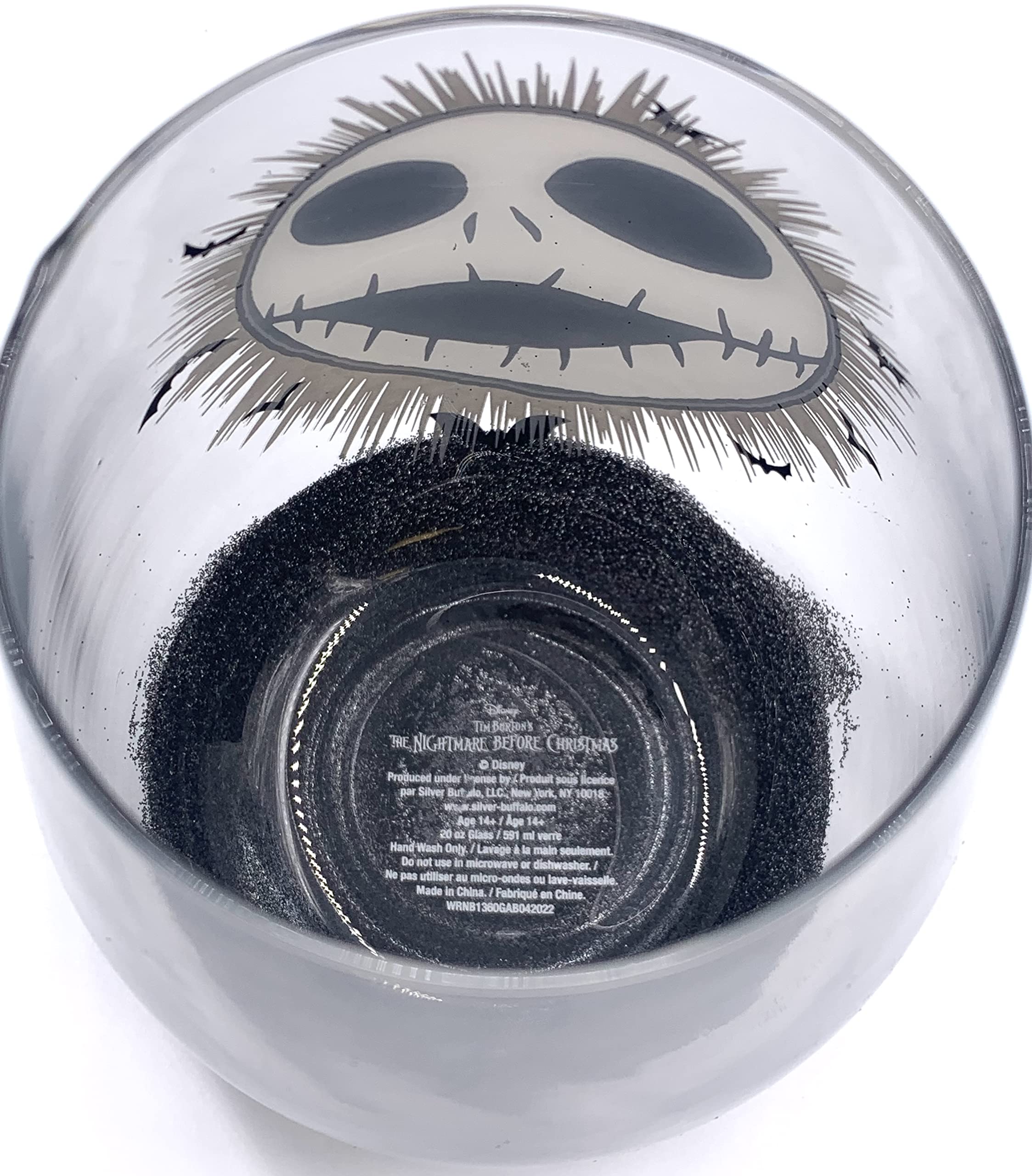 Disney Tim Burton’s The Nightmare Before Christmas Jack Skellington Face 20 Ounce Stemless Wine Glass with Glitter Base - Official Kitchen Collectible Novelty Drinkware Gifts