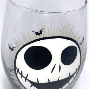 Disney Tim Burton’s The Nightmare Before Christmas Jack Skellington Face 20 Ounce Stemless Wine Glass with Glitter Base - Official Kitchen Collectible Novelty Drinkware Gifts