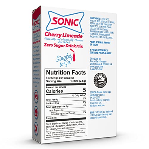 Sonic Singles to Go Powdered Drink Mix, Cherry Limeade, 6 Sticks per Box, 3 Boxes included (18 Sticks Total)