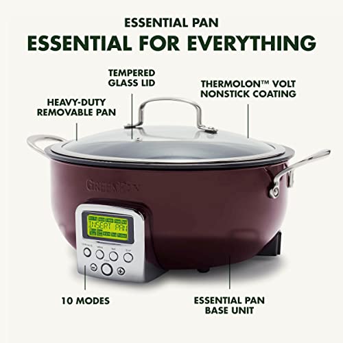 GreenPan Elite Essential Smart Electric 6QT Skillet Pot,Sear Saute Stir-Fry and Cook Rice, Healthy Ceramic Nonstick and Dishwasher Safe Parts, Easy-to-use LED Display, PFAS-Free, Fantasy Fig