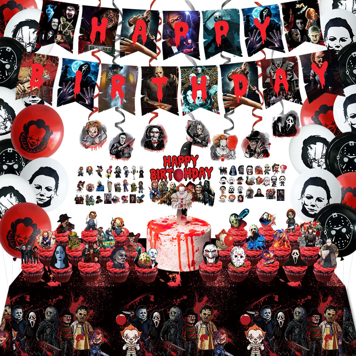 CAILESS Horror Party Decorations - Horror Movie Party Supplies 104Pcs, Classic Horror Birthday Party Decorations Included Banner Tablecloth Cake Toppers Balloon Swirls Decor and Stickers Scary Party