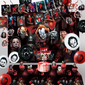 CAILESS Horror Party Decorations - Horror Movie Party Supplies 104Pcs, Classic Horror Birthday Party Decorations Included Banner Tablecloth Cake Toppers Balloon Swirls Decor and Stickers Scary Party