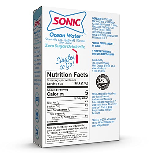 Sonic Singles to Go Powdered Drink Mix, Ocean Water, 6 Sticks per Box, 3 Boxes included (18 Sticks Total)