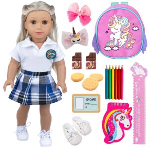 dotvosy designed for american 18 inch doll accessories and clothes school supplies set 21 pcs for 18" dolls including doll school outfits uniform, backpack, shoes, pencil, ruler, etc