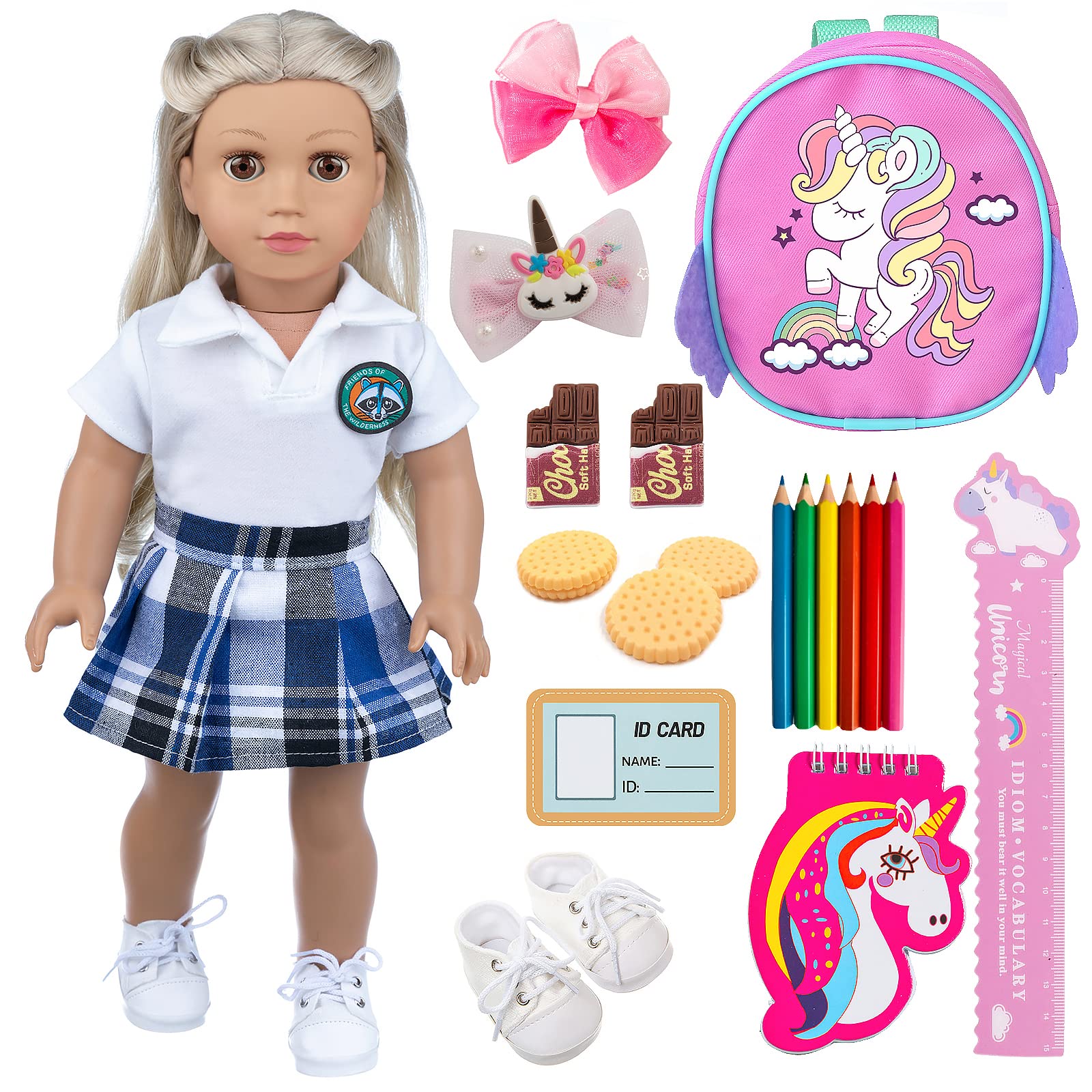 DOTVOSY Designed for American 18 inch Doll Accessories and Clothes School Supplies Set 21 Pcs for 18" Dolls Including Doll School Outfits Uniform, Backpack, Shoes, Pencil, Ruler, Etc