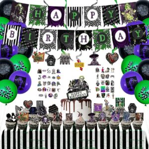 cailess party decorations - beetlejuice party decorations 102pcs, classic horror party supplies included birthday banner cake toppers balloon swirls decor stickers and stripe tablecloth