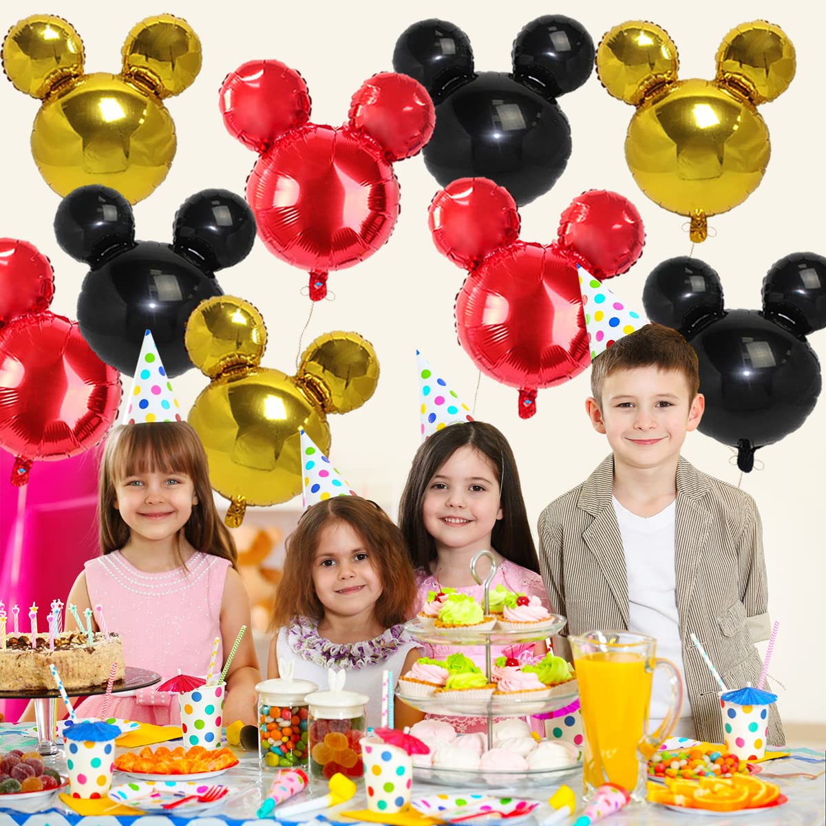9Pack Mouse Party Aluminum foil Balloons, 27” Black Red Yellow Balloons For Mickey Party,Baby Shower, Kids Birthday Theme Party Decoration Supplies