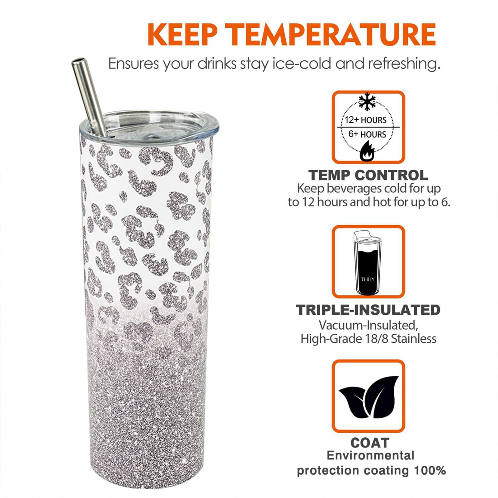 Heqianco Leopard Tumbler With Lid and Straw Cheetah Tumbler Leopard Print Skinny Tumbler Leopard Print Tumbler Cheetah Print Cups Water Bottle Coffee Tumbler Travel Mug Gifts for Women