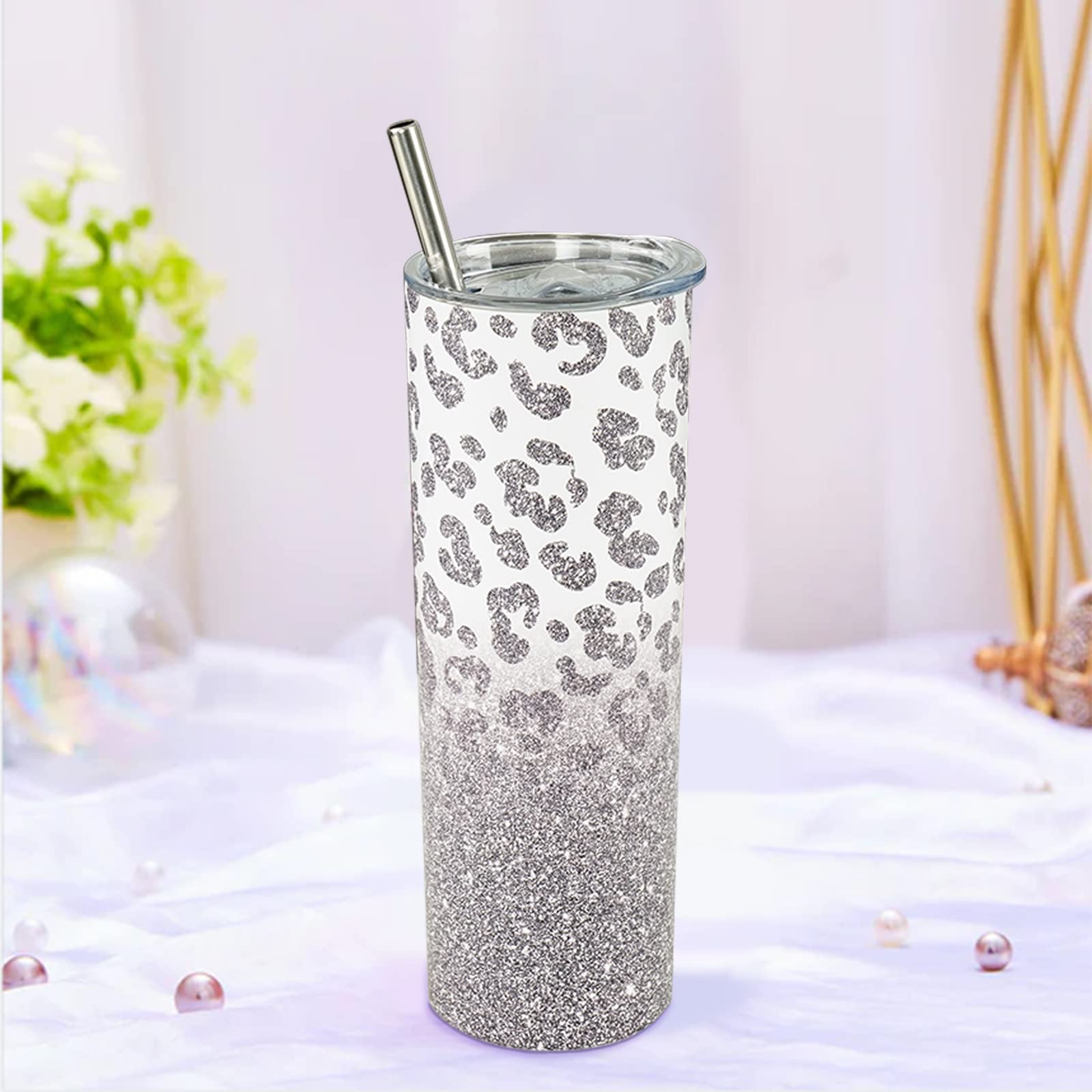 Heqianco Leopard Tumbler With Lid and Straw Cheetah Tumbler Leopard Print Skinny Tumbler Leopard Print Tumbler Cheetah Print Cups Water Bottle Coffee Tumbler Travel Mug Gifts for Women