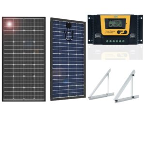 jjn solar panel kit 200w bifacial solar panel with 20a solar charge controller+41" adjustable solar panel brackets for homes rv marine camping boat off grid system