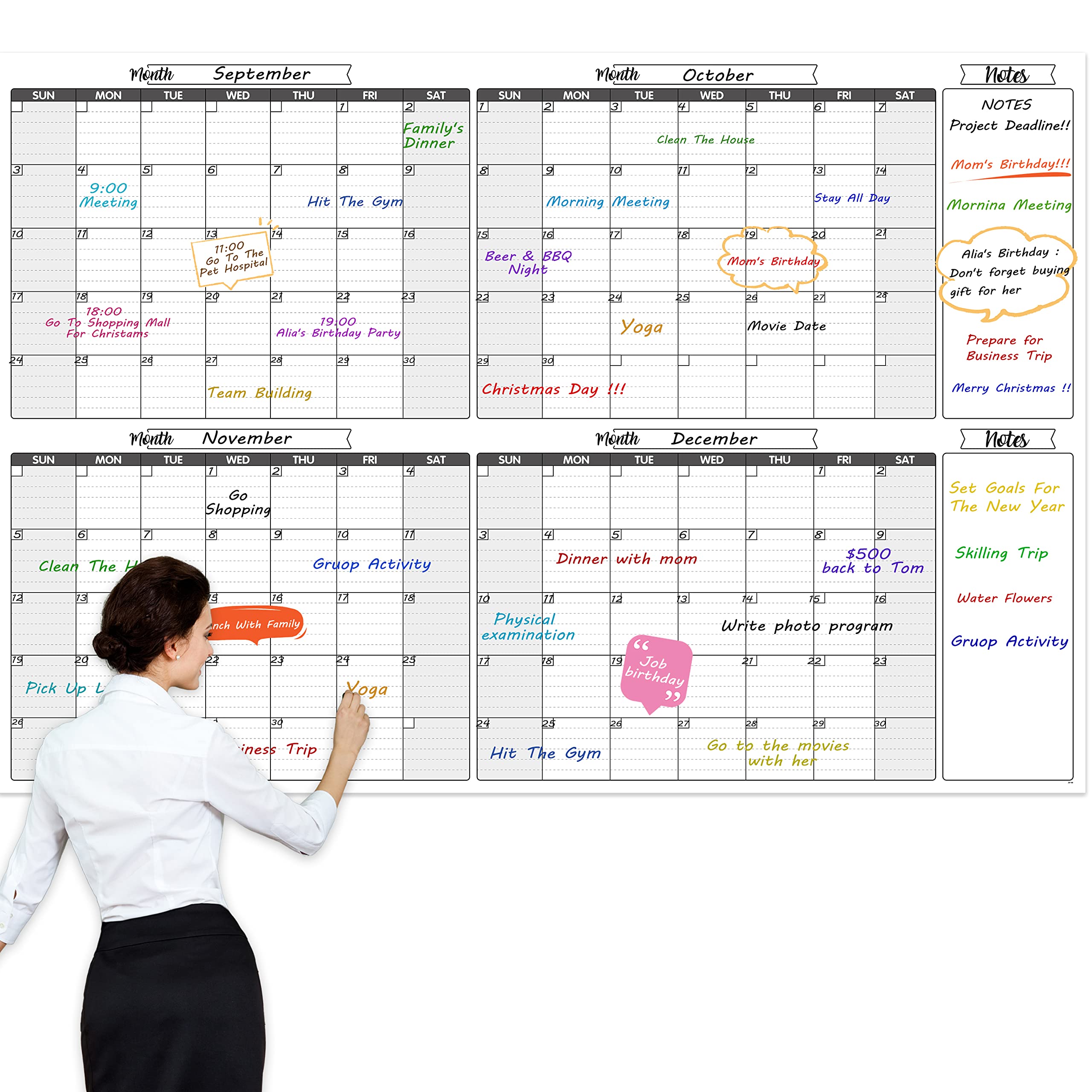 Large Dry Erase Calendar for Wall - Undated 4 Months Wall Calendar, Dry Erase Calendar, 52" x 36", Yearly Wall Calendar Dry Erase for Office, Home