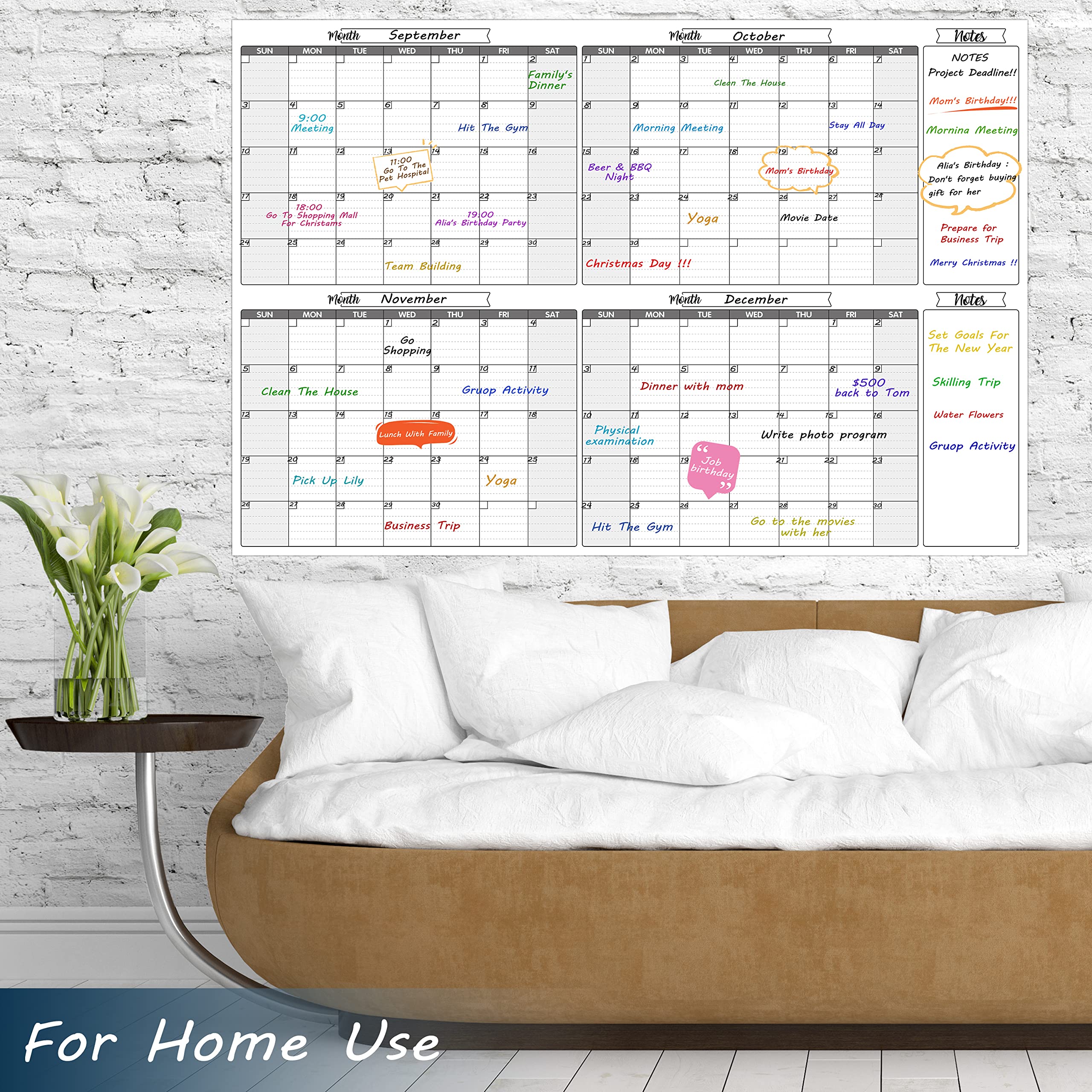 Large Dry Erase Calendar for Wall - Undated 4 Months Wall Calendar, Dry Erase Calendar, 52" x 36", Yearly Wall Calendar Dry Erase for Office, Home