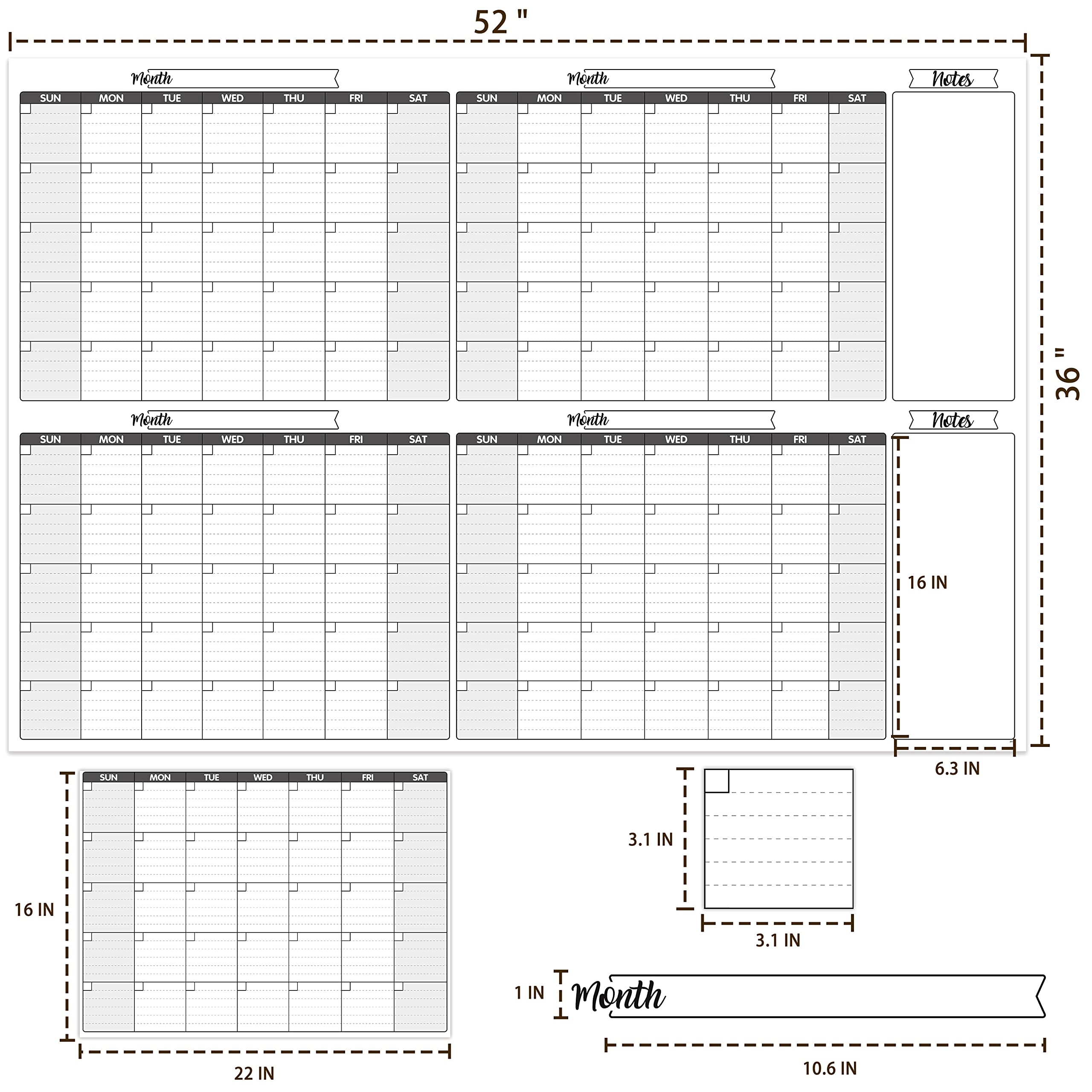 Large Dry Erase Calendar for Wall - Undated 4 Months Wall Calendar, Dry Erase Calendar, 52" x 36", Yearly Wall Calendar Dry Erase for Office, Home