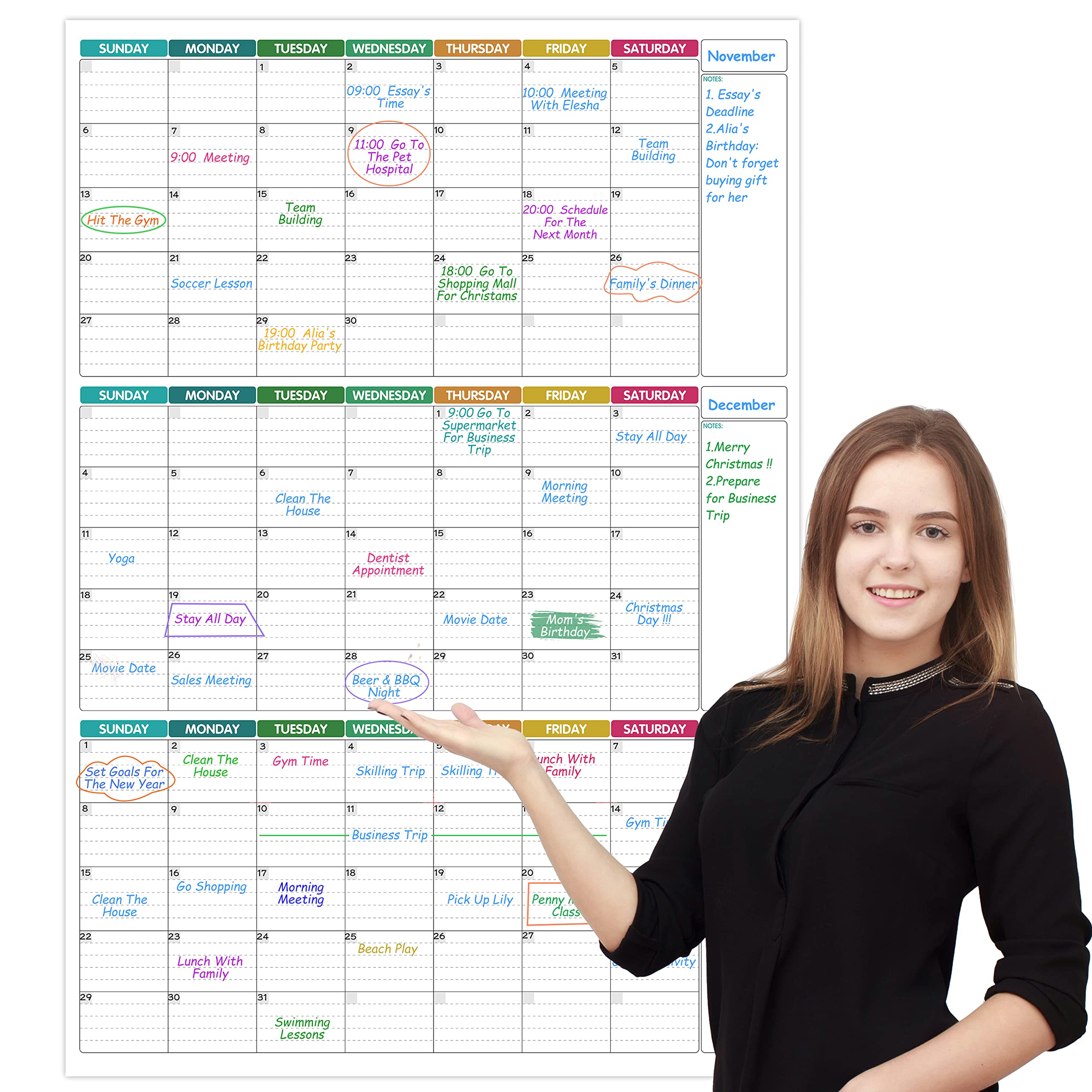 Dry Erase Calendar for Wall - 3 Month Vertical Wall Calendar, 28" x 40", Reusable Monthly Quarterly Calendar Planner Undated, Erasable Laminated Calendar Whiteboard, Vertical Layout Wall Calendar for