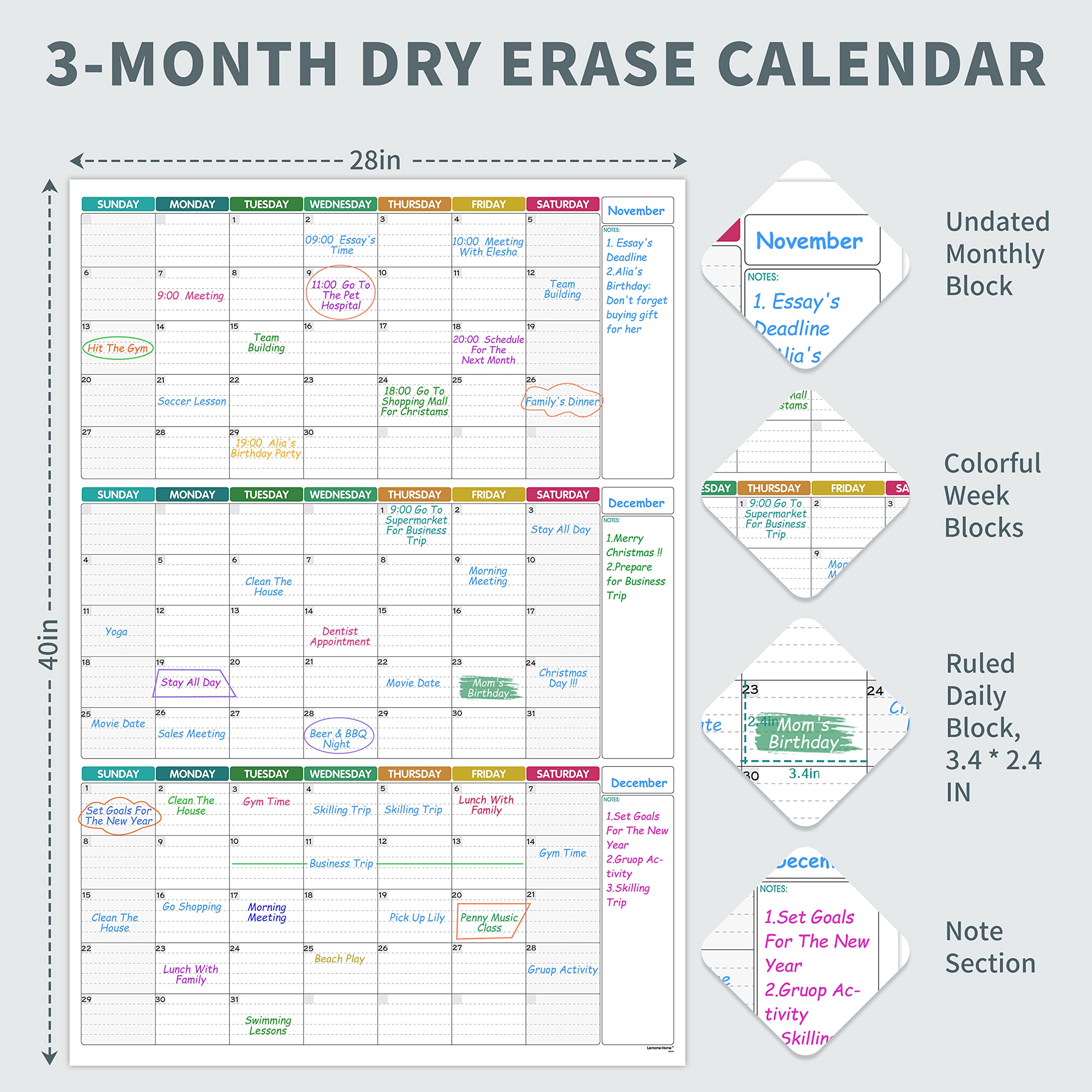 Dry Erase Calendar for Wall - 3 Month Vertical Wall Calendar, 28" x 40", Reusable Monthly Quarterly Calendar Planner Undated, Erasable Laminated Calendar Whiteboard, Vertical Layout Wall Calendar for