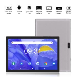 CUPEISI Android 12 Tablets, 10.1 inch Tablet 2GB+32GB Quad-Core Tablet, FHD 1280x800 Display Tablet, 6000mAH Battey, 8MP Dual Camera, Games, Wi-Fi, BT Tableta PC(Silver)
