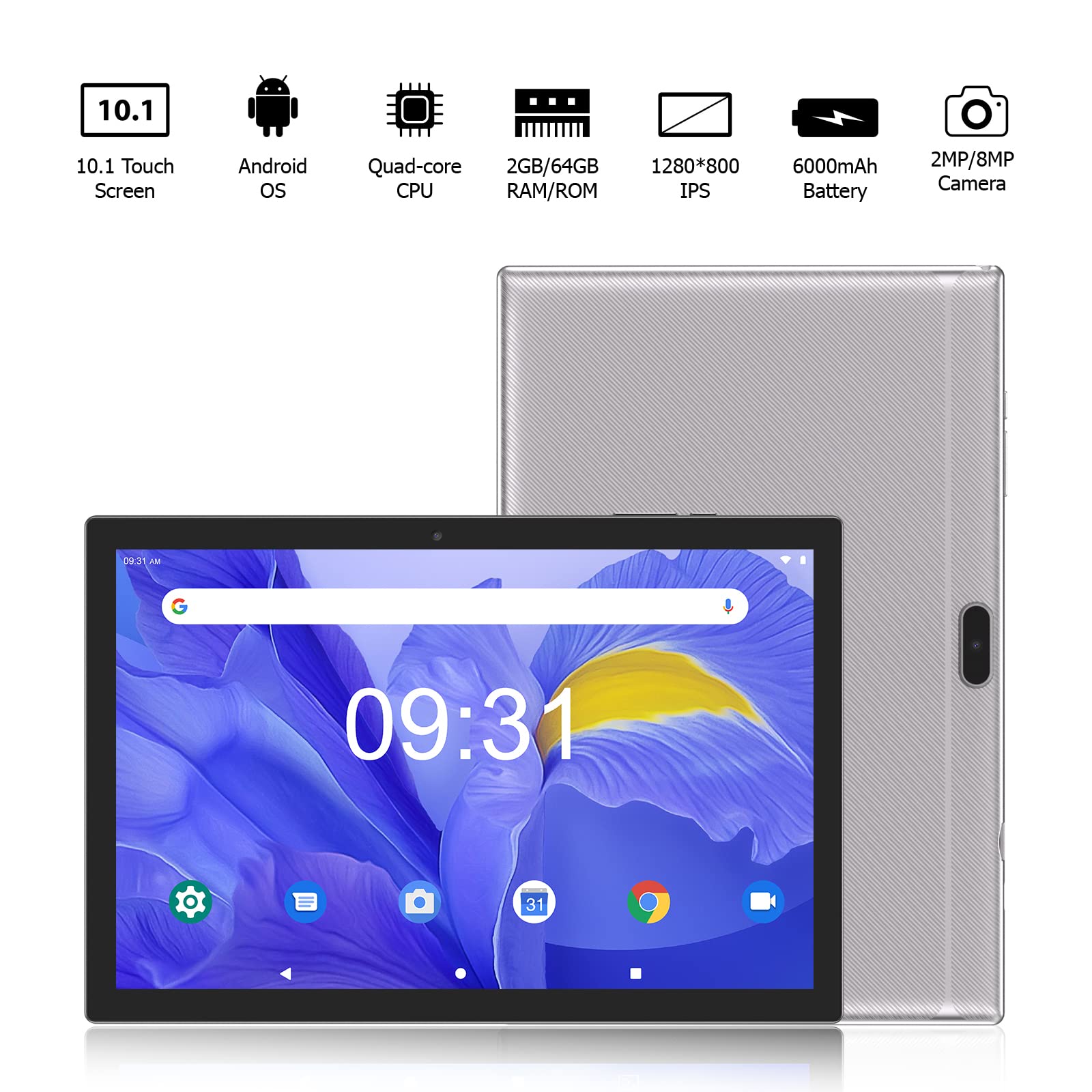 CUPEISI Android 12 Tablets, 10.1 inch Tablet 2GB+32GB Quad-Core Tablet, FHD 1280x800 Display Tablet, 6000mAH Battey, 8MP Dual Camera, Games, Wi-Fi, BT Tableta PC(Silver)